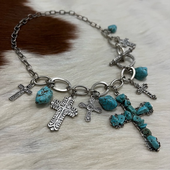Turquoise Silver Cross Necklace - Picture 5 of 9